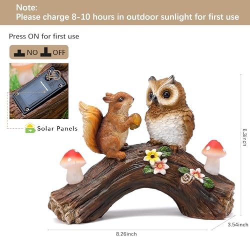 Solar Owl Garden Statues Outdoor Decor Resin Owl Squirrel Figurine with Mushroom Lights for Patio Lawn Yard Decorations Christmas Birthday Housewarming Gardening Gifts for Women Mom - Image 4