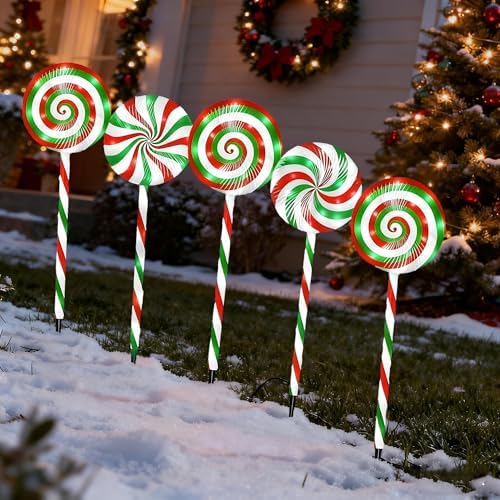 Christmas Lollipop Pathway Lights-5 Pack Solar Powered Outdoor Garden Path Lights Xmas Candy Cane Landscape Lighting Solar Waterproof Decorative Lights Decorations Outside Yard - Image 3