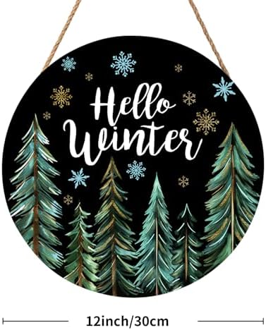 Hello Winter Welcome Sign for Front Door Winter Wreaths Winter Pine Trees Wood Door Hanger for Outdoor Outside Porch Christmas Snowflakes Round Hanging Sign for Home Porch Wall Decoration 12in - Image 2
