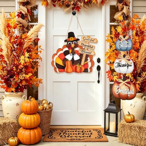 Thanksgiving Decoration Wood Pumpkin Turkey Door Wall Wreath for Front Door Sign Thankful Blessed Grateful, Pumpkin Sign for Fall Autumn Harvest Home Thanksgiving Party Outdoor Halloween Decoration - Image 7