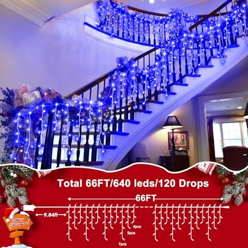 XURISEN 66ft 640 LED Christmas Lights Outdoor with 120 Drops, 8 Modes Curtain Fairy Lights Plug in Waterproof Timer Memory Function String Lights for Christmas Holiday Wedding Party Decor(Blue) - Image 5