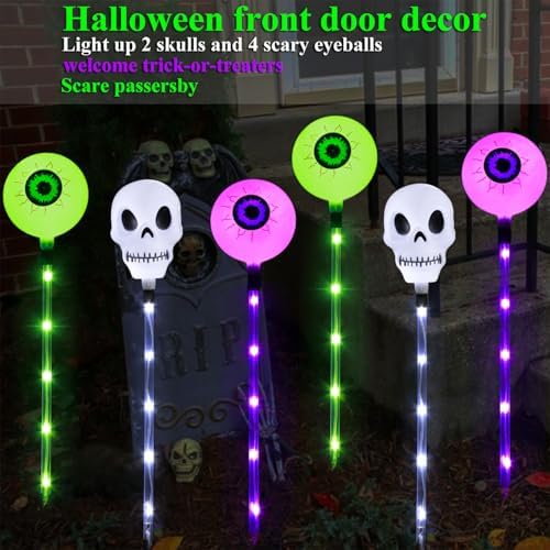 Halloween Decorations Outdoor Solar Garden Lights,6 Pack Scary Eyeball Skull Outside Decor,8 Modes Solar Halloween Lights for House Grave Patio Yard Lawn Pathway Halloween Party Ghost Decor - Image 7