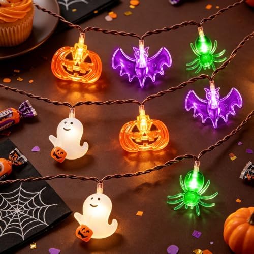 LAMPHOME Halloween String Lights, 20 LED Pumpkin Ghost Bat Spider Decor Lights, Battery Operated with Timer, 8 Modes Waterproof Fairy Lights for Indoor Outdoor Halloween Party Home Decor - Image 4