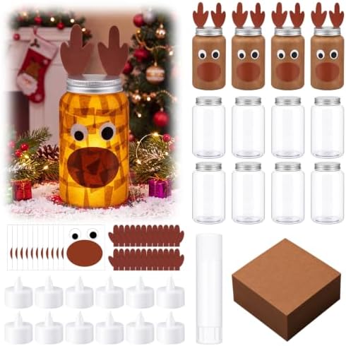 Qinyoung 12 Pcs Christmas Crafts Reindeer Mason Jars Crafts with LED Candle Light DIY Suncatchers Decoration Make Your Own Xmas Reindeer Mason Jars Tissue Paper Supply for Christmas Projects Activity by Qinyoung