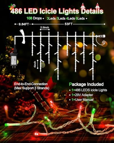 Christmas Lights Outdoor Red Green, 53 FT 486 LED Christmas Lights for Outside, Timer & Memory, Plug in 8 Modes Hanging Fairy Light with 108 Drops for House Eaves Yard Patio Decorations - Image 7