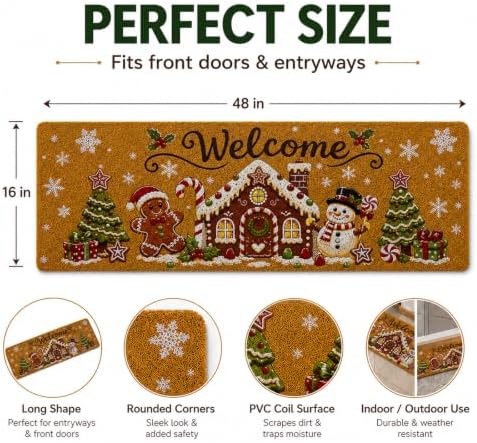 Long Doormat 48x 16 inch Gingerbread Door Mat Christmas Doormat Welcome Door Mat for Winter Christmas Front Door Outdoor Indoor Porch Entrance Decor - Image 3
