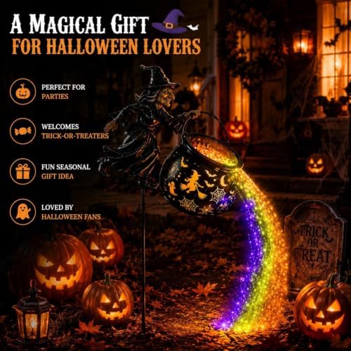 Halloween Witch Cauldron Garden Light, Colorful Waterfall-Style Light Flow Flying Witch Garden Stake with Projector Lights for Outdoor Yard, Lawn, Patio, Pathway,Halloween Party(No Battery) - Image 4