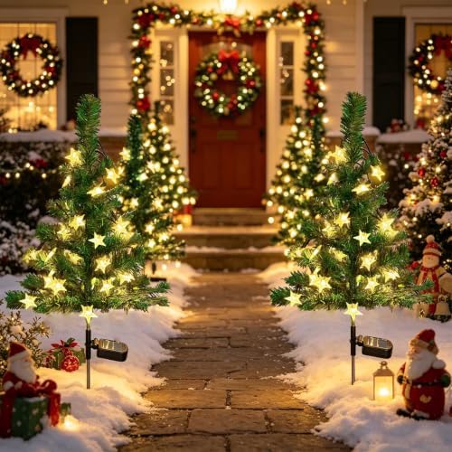 Windpnn Upgraded 2-Pack Solar Christmas Tree Garden Stake Lights, Waterproof Outdoor Christmas Decorations with 40 LED for Pathway Yard Front Porch Grave Decor - Image 2