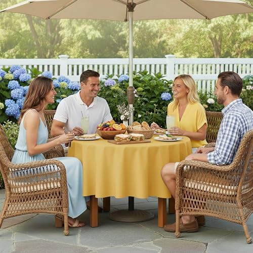 LUSHVIDA Round Outdoor Tablecloth with Umbrella Hole 60 Inch Yellow - Image 3