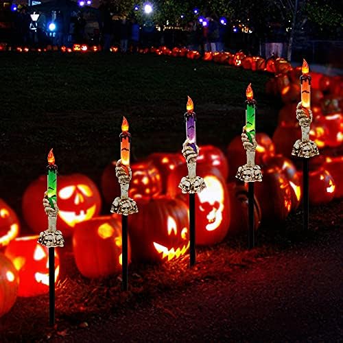 WATERGLIDE Halloween Candle Light Stakes, 5 Pack Skeleton Hands Hold Lighted Candle Pathway Makers, Waterproof Battery Operated with Timer, Light Up Figurine for Indoor Outdoor Holiday Party - Image 2