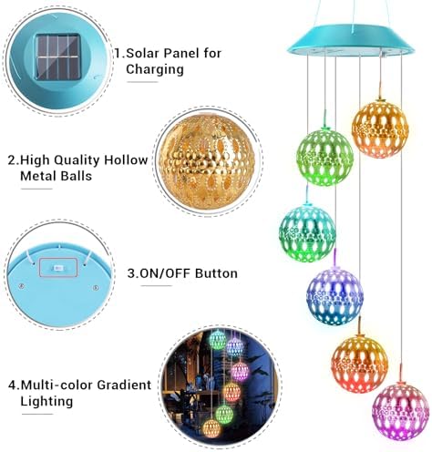Toodour Solar Wind Chime, Color Changing Moroccan Ball Wind Chimes - Image 3