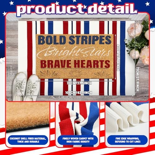 Duraaamo 2 Pcs 4th of July Natural Coir Door Mat Outdoor Red Blue White Welcome Rug Patriotic Mat Non-Slip Independence Day 4th July Indoor Entrance Outside Porch Front Decor - Image 3