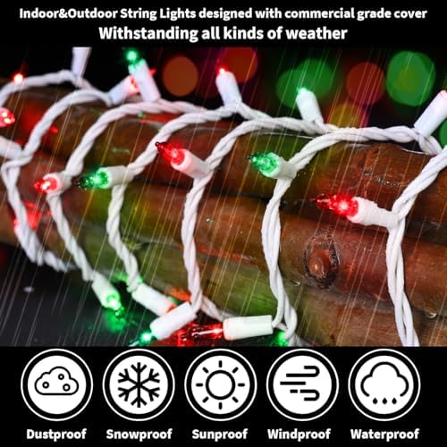 LAMPHOME 100 Count Red Green Christmas Lights, White Wire 20Ft Incandescent Holiday String Light Set for Indoor Outdoor Use Christmas Tree, Halloween, Valentine Wedding Lighting Decoration - Image 6