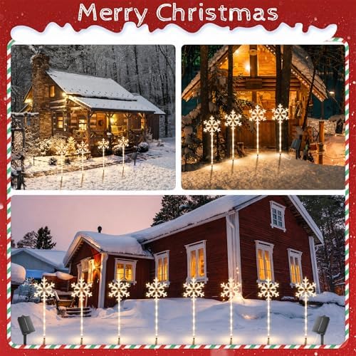 Solar Christmas Pathway Lights Outdoor, 8 Pack White Snowflake Garden Stake Lights – Waterproof Solar Powered Decorations for Patio, Yard, Lawn & Porch （Warm White） - Image 5
