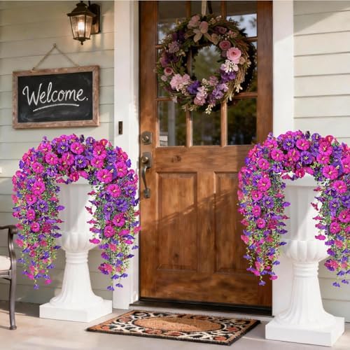 Artificial Hanging Flowers for Outdoors, 2 PCS 300 Blooms UV Resistant Morning Glory Faux Silk Vines, No-Odor Realistic Fake Plants for Garden Planter Porch Patio Decoration, Fuchsia & LightPurple - Image 5