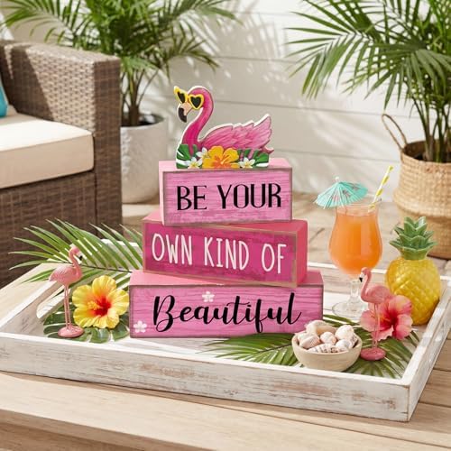 Lineshading 4 Pcs Flamingo Summer Decor Wooden Tabletop Signs Pink - Image 2