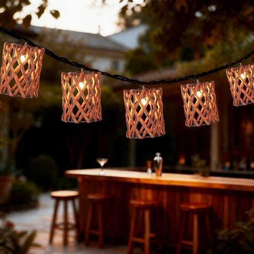 Decorative String Lights Plug in with 10 Incandescent Bulbs, Handwoven Rattan Cylinder-shaped Boho Lantern String Lights Connectable Weatherproof Outdoor Indoor for Bedroom Patio Pergola Decor (Brown) - Image 2