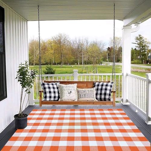 Fall Outdoor Rug Orange Buffalo Plaid Outdoor Rug Cotton Hand-Woven Buffalo Check Rug Layered Doormats for Front Door/Front Porch/Farmhouse/Entryway/Patio - Image 2