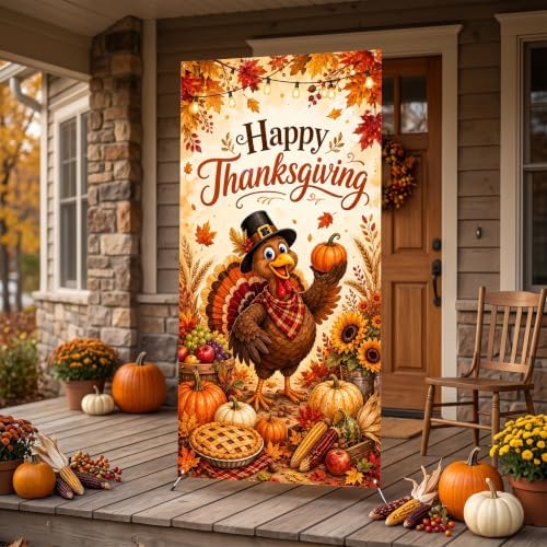 Happy Thanksgiving Door Cover, Thanksgiving Turkey Door Banner with Pumpkin Pie Corn Sunflower Maple Leaves, Fall Harvest Front Door Decorations Porch Wall Party Photo Backdrop 70.8 x 35.4 Inch - Image 7