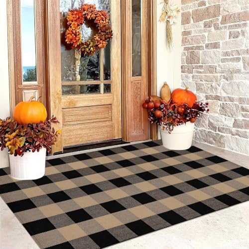 Washable Outdoor Rug 3'x5',Black and Tan Buffalo Plaid Farmhouse Door Mat by BUAGETUP