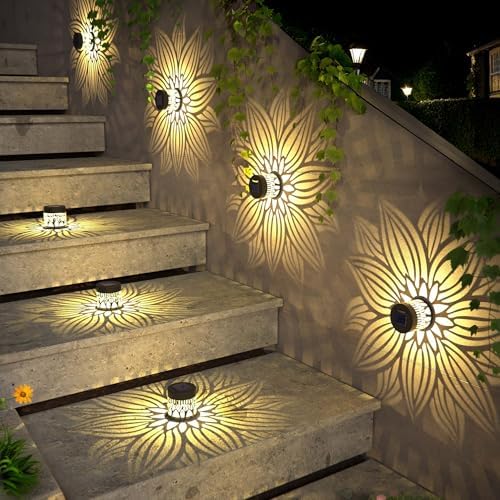 Hapjoy Solar Fence Lights 4 Pack Solar Deck Lamps Outdoor Decorations Powered Step Lights Wall Waterproof LED Warm Decorative Lighting for Garden (Flower, 4) - Image 5