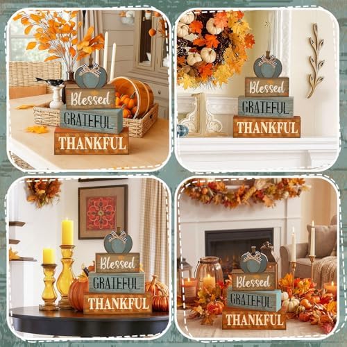 Lineshading 4 Pcs Farmhouse Block Signs Tiered Tray Decor Blue Pumpkin - Image 5