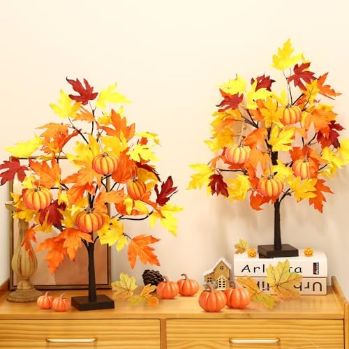 Fall Décor 2 Pack 24 Inch Fall Maple Tree with 48 LEDs Battery Operated Fall Lights with 8 PCS Pumpkin Wooden Hanging Ornaments Artificial Tree for Fall Thanksgiving Home Table Decorations - Image 6