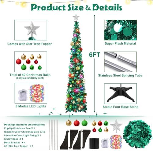 N&T NIETING Pop Up Christmas Tree with Lights & 40 Balls, 6Ft Collapsible Green Tinsel Tree Decorations, Skinny Christmas Tree for Holiday Home Office Decor, Green - Image 3