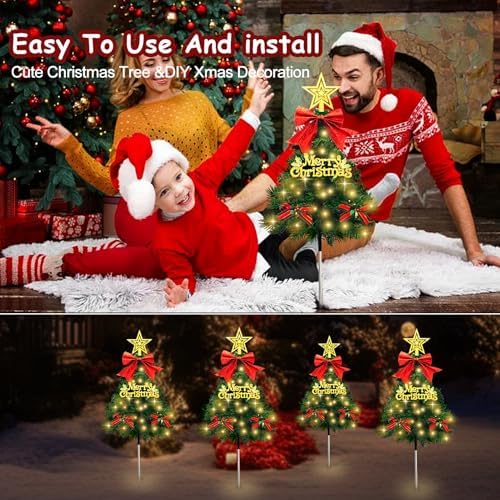 Christmas Tree Solar Pathway Lights Outdoor Decor, 4 Pack, Green - Image 6