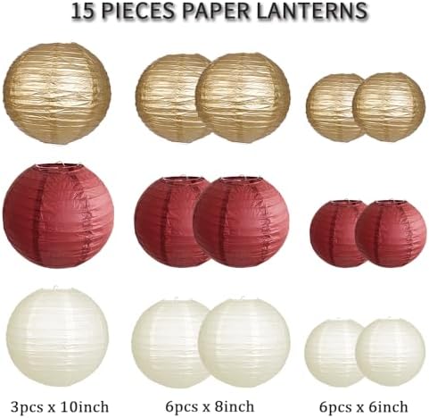 Round Hanging Paper Lanterns Burgundy and Gold Party Decorations15pcs - Image 2