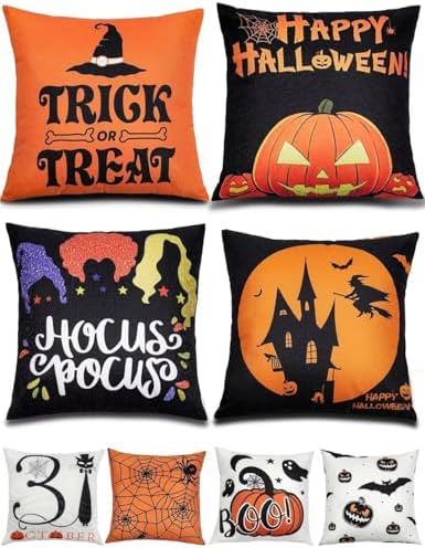 TOYPOPOR Halloween Decorations Double-Side Printing Pillow Covers 18'' x 18'' Set of 4, with 8 Cute Halloween Decor Patterns, Invisible Zipper, Durable Soft Linen Throw Pillow Covers Outdoor Indoor by TOYPOPOR