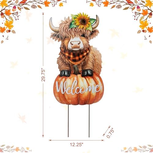 Glitzhome Fall Thanksgiving Yard Stake Decorations for Outdoor, 29.75" H Thanksgiving Metal Highland Cow Yard Stake or Wall Décor, Fall Garden Stakes for Patio Pathway Autumn Harvest Decorations - Image 2
