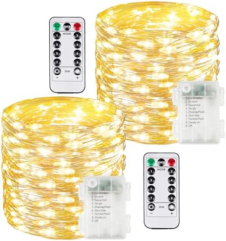 2 Pack 200 LED Fairy Lights Battery Operated with Remote, 66 FT Warm White by BOSSERN
