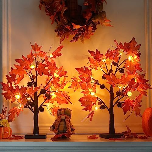 YEAHOME Fall Decorations for Home, 2 Pack 24”/2FT Lighted Fall Maple Leaves Tree with Warm White LEDs Autumn Decor, Pine Cone, Acorn Ornaments Battery Powered Timer for Thanksgiving by YEAHOME
