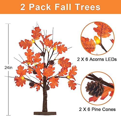 hogardeck Fall Decorations for Home, 2 Pcs 24”2FT Lighted Acorn Leaves Tree Fall Decor with Warm White LEDs, 6 Acorn Lampshades and 6 Pine Cone Ornaments Battery Powered Timer for Autumn, Thanksgiving - Image 3