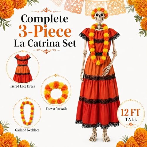 3 Pcs La Catrina Costume Set for 12 Ft Skeleton Day of the Dead Decor - Image 2