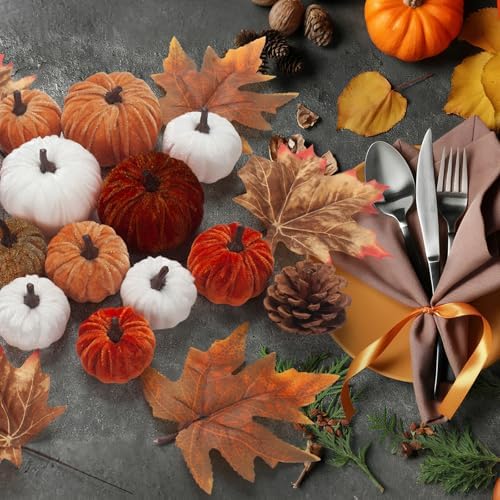 21 PCS Fall Artificial Velvet Pumpkins Set, Fake Fabric Pumpkin Faux Foam Pumpkins, Orange Khaki White Pumpkin Decorations for Fall Harvest Thanksgiving Farmhouse Mantel Centerpiece - Image 7