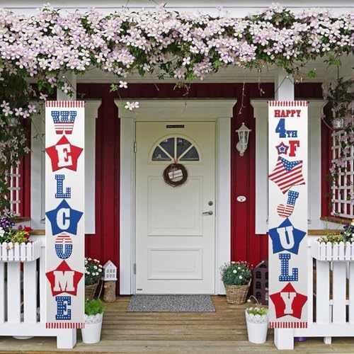 doginthehole 2 Pcs 4th of July Door Banners for Outside Welcome Porch Sign Home Decorations Memorial Day Banner Decorations Patriotic Independence Day Hanging Banner for Party Door Outdoor by doginthehole