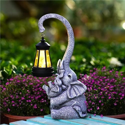 Pohabery Elephant Outdoor Statues with Cute Baby Garden Decor, Resin Elephant Figurines with Solar Lantern Outdoor Decoration Gifts for Mothers Day, Birthday Day - Image 2