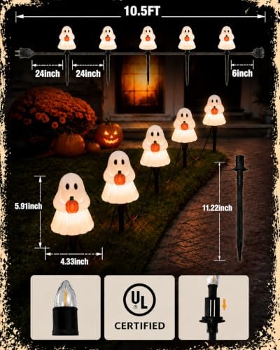 10.5FT Halloween Ghost Pathway Lights, 5 PK Plug in LED Ghost Stake Lights - Image 2