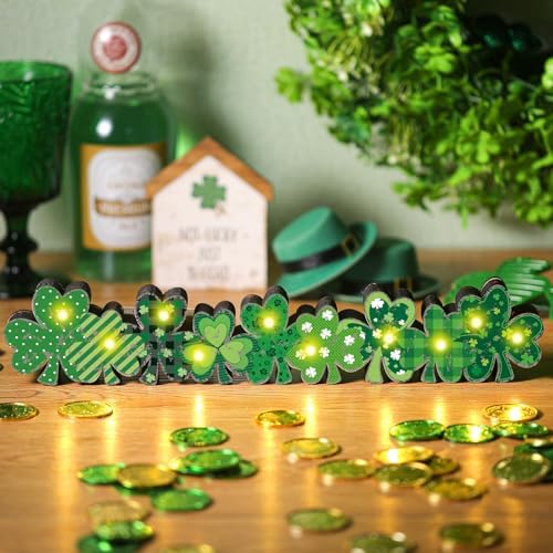 Yousoontic St. Patrick's Day Shamrock Decor Table Centerpieces Wooden Shamrock Sign Decorations with LED Lights Block Irish Farmhouse Green Decor for St. Patrick's Day Home Mantel Desk Office Party - Image 2