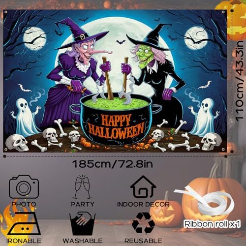 Happy Halloween Backdrop Banner - Large Fabric Moon Night Spooky Witch Ghost Background Banner for Photo Sign Booth Indoor/Outdoor Wall Decor - Image 2