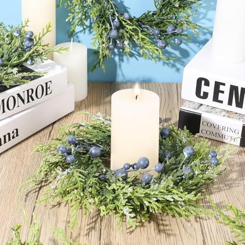 6 PCS Small Spring Summer Blue Berry Cabinet Wreath Artificial Mini Kitchen Wreaths Vintage Swags Wreath with Retro Burlap Ribbon for Farmhouse Rustic Home Front Door Window Pillar Wedding Chair Wall - Image 3