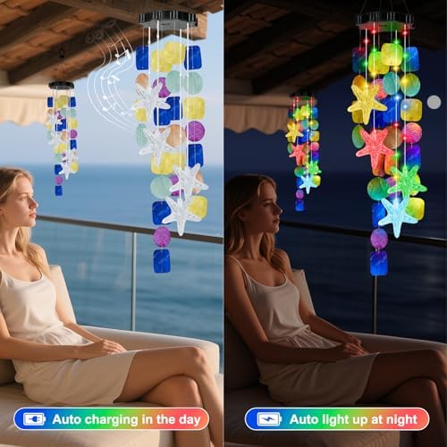 (New) Solar Wind Chime for Outside, Solar Hanging Wind Chime Lights for Holiday Garden Yard Window, Shell Lights Gift for Grandma Mom Women Wife Grils - Multicolor - Image 2