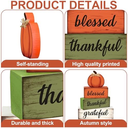 4 Pcs Fall Wooden Table Sign Fall Wooden Tiered Tray Decor Thankful Blessed Grateful Tabletop Signs Farmhouse Pumpkin Wood Blocks for Autumn Thanksgiving Harvest Home Kitchen Table Shelf Decor - Image 3