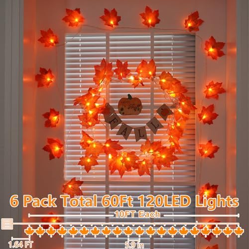 YEGUO 6 PCS Thanksgiving Decorations for Home, Fall Lights Battery Operated, Total 60ft 120 LED Lighted Fall Garland Maple Leaves for Halloween Holiday Autumn Harvest Fall Thanksgiving Decor - Image 3