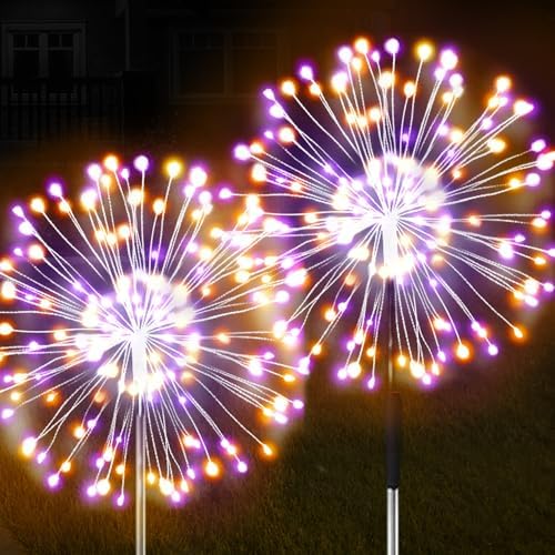 JJGoo Solar Firework Lights, 2 Pack 150 LEDs 2 Lighting Modes Solar Lights Outdoor Waterproof for Garden Patio Walkway Pathway Party Wedding Christmas Decorative - Orange and Purple by JJGoo