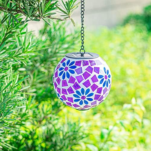 Mosaic Solar Lantern Outdoor Waterproof Glass Hanging Solar Lights, Purple - Image 5