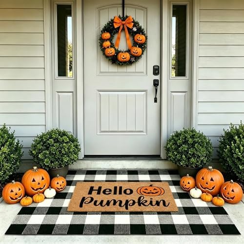 Fall Decor Halloween Layered Front Doormat Set, Hello Natural Coco Coir Door Mat + 3'x5' Black White Buffalo Plaid Rug, Non-Slip Porch Rug Outdoor Entryway Decor for Front Porch, Patio - Image 4