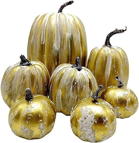 Lizxun 7Pcs Artificial Pumpkins Halloween Decoration, Lifelike Simulation Mixed Harvest Fall Foam Pumpkins for Halloween Thanksgiving Home Party Supplies (Gold-7Pcs) by Unknown